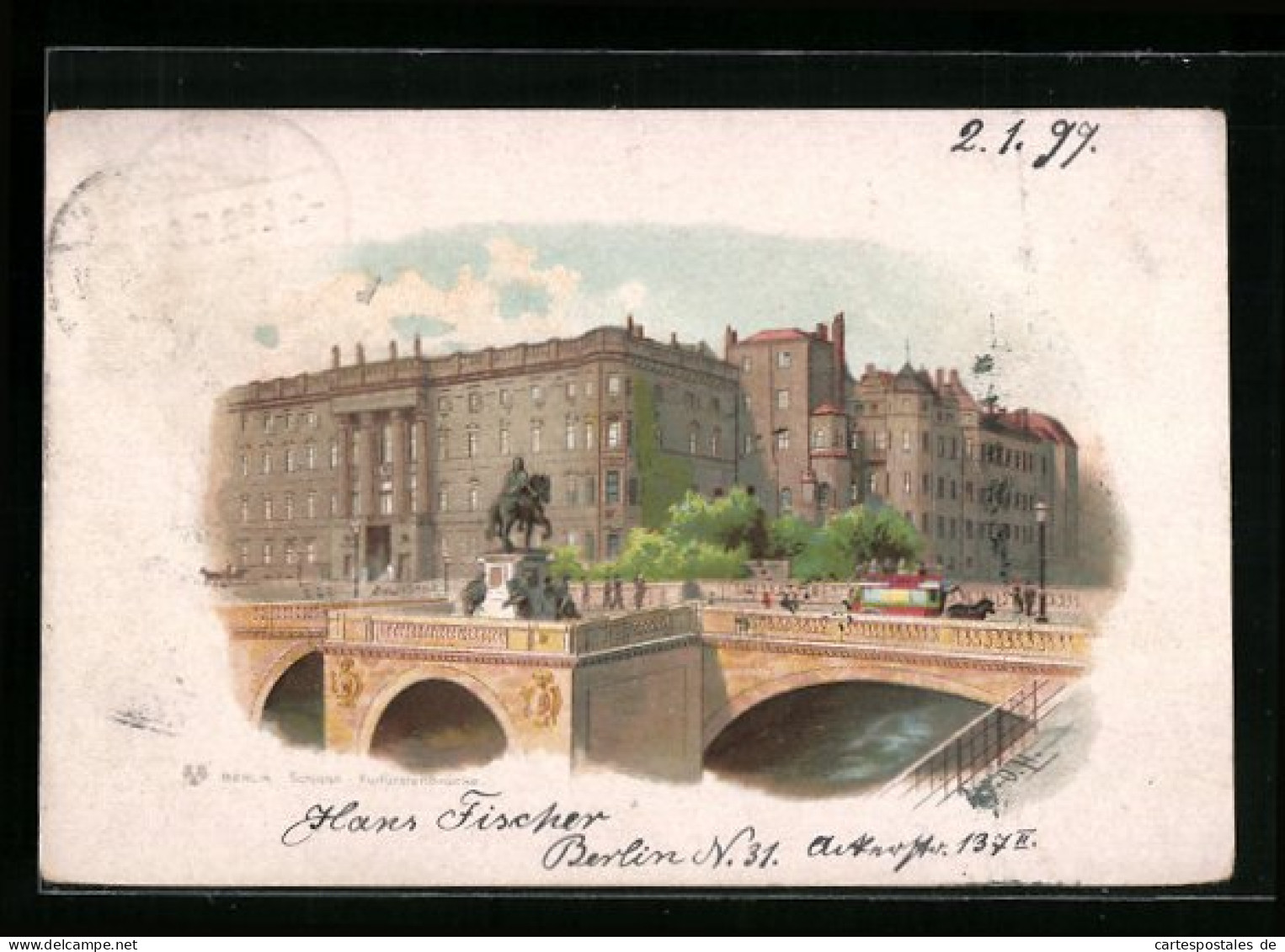 Lithographie Berlin, Schloss - Kurfürstenbrücke  - Mitte