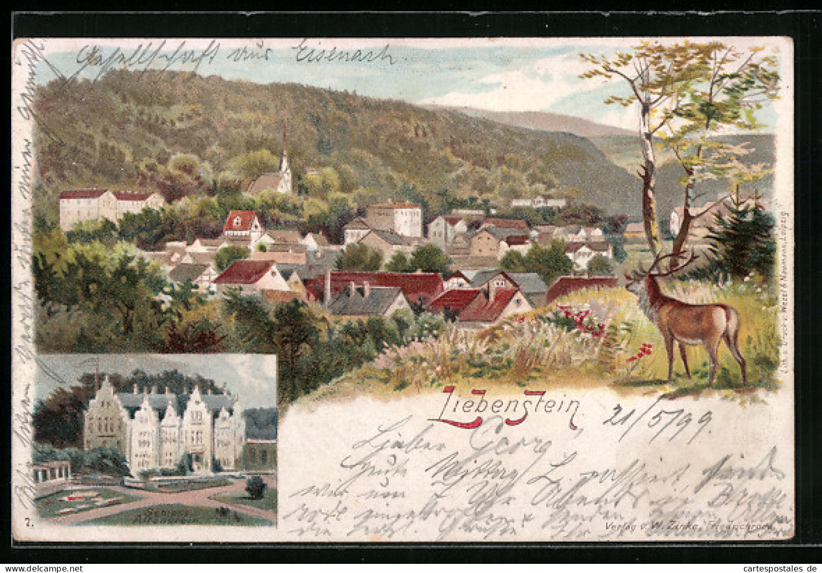 Lithographie Liebenstein, Schloss Altenstein, Panoramablick Auf Den Ort  - Bad Liebenstein