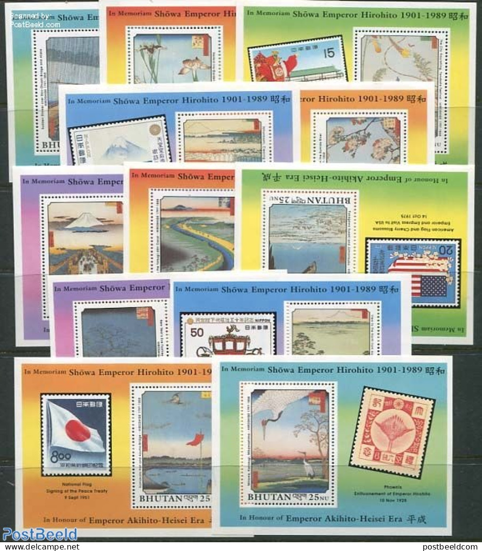 Bhutan 1990 Death Of Hirohito 12 S/s, Mint NH, Nature - Transport - Birds - Stamps On Stamps - Ships And Boats - Art -.. - Stamps On Stamps