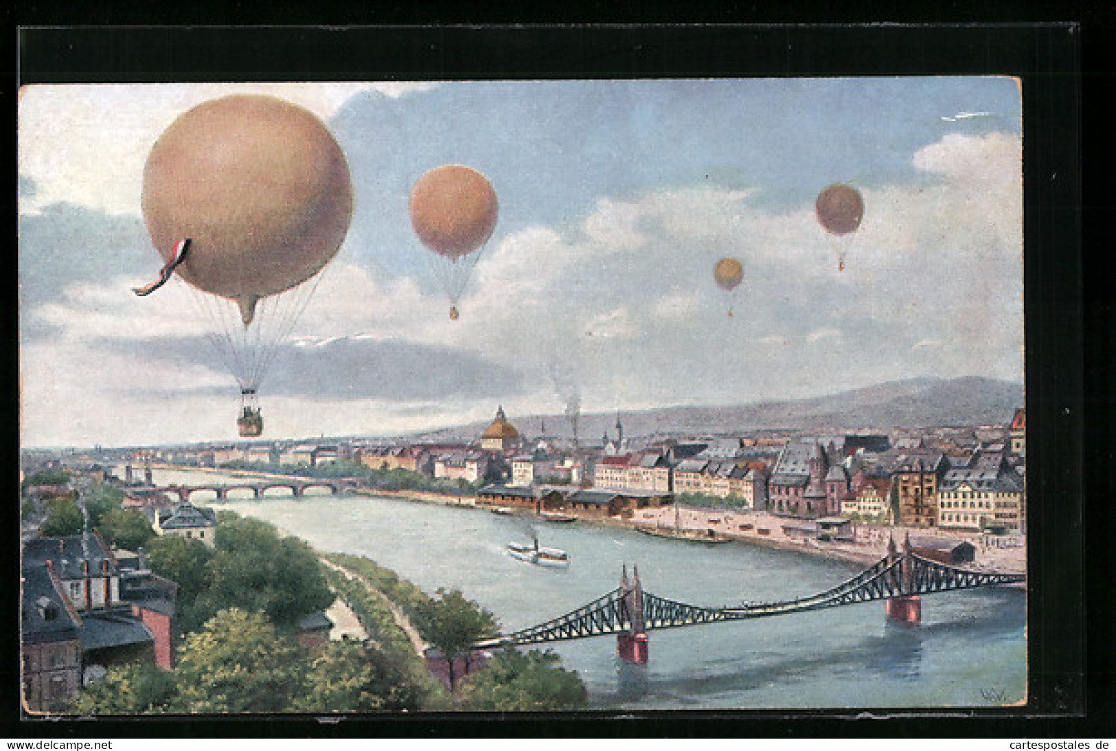 Künstler-AK Ballonfahrt über Eine Stadt  - Fesselballons