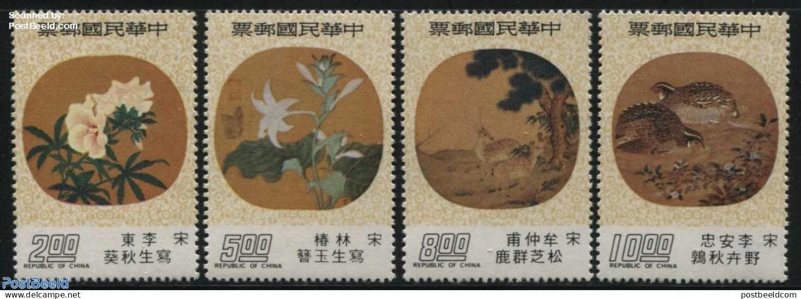 Taiwan 1976 Silk Paintings 4v, Mint NH, Nature - Birds - Flowers & Plants - Art - Paintings - Andere & Zonder Classificatie