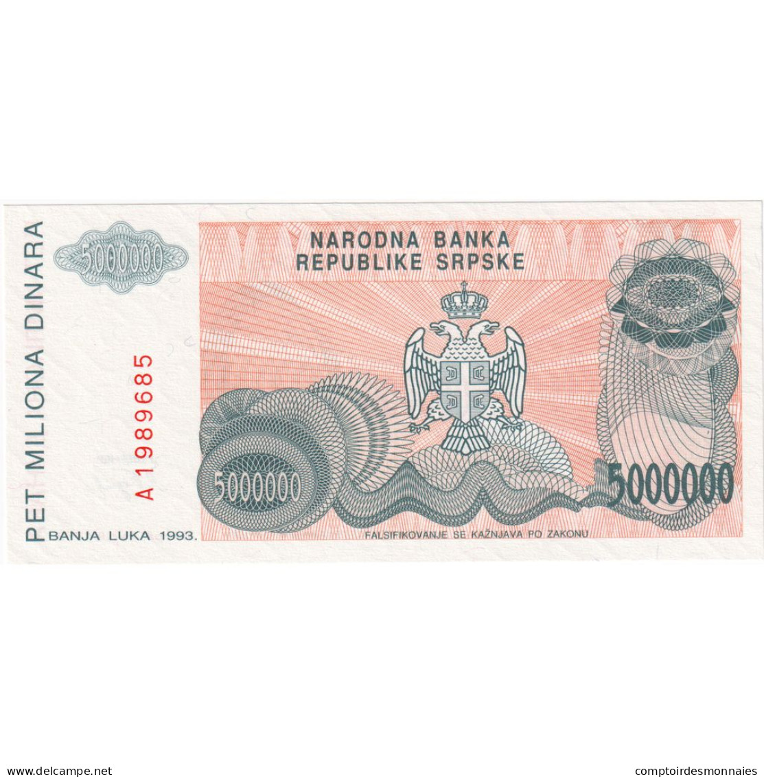 Bosnie-Herzégovine, 5,000,000 Dinara, 1993, 1993, KM:153a, NEUF - Jugoslawien