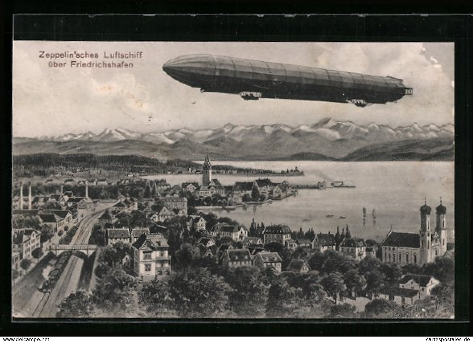 Künstler-AK Eugen Felle: Friedrichshafen, Zeppelin über Der Stadt  - Zeppeline