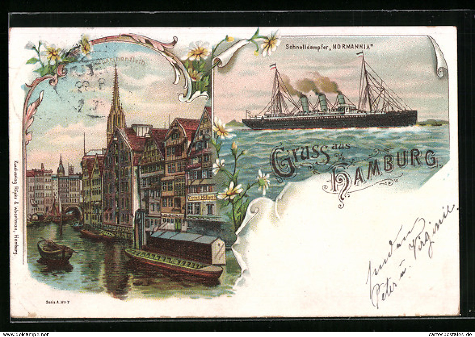 Lithographie Alt-Hamburg, Passagierschiff Normannia, Catharinenfleth  - Passagiersschepen