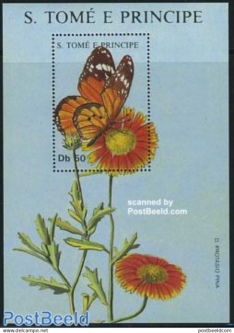 Sao Tome/Principe 1988 Flower, Butterfly S/s, Mint NH, Nature - Butterflies - Flowers & Plants - Sao Tomé E Principe