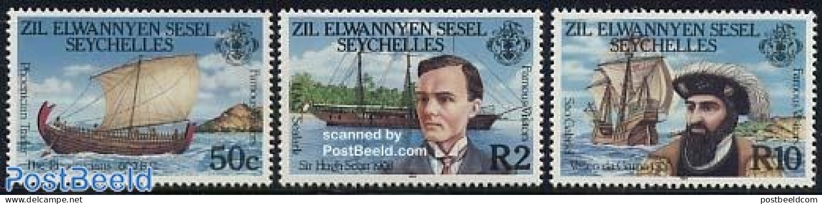 Seychelles, Zil Eloigne Sesel 1985 Famous Visitors 3v, Mint NH, History - Transport - Explorers - Ships And Boats - Onderzoekers