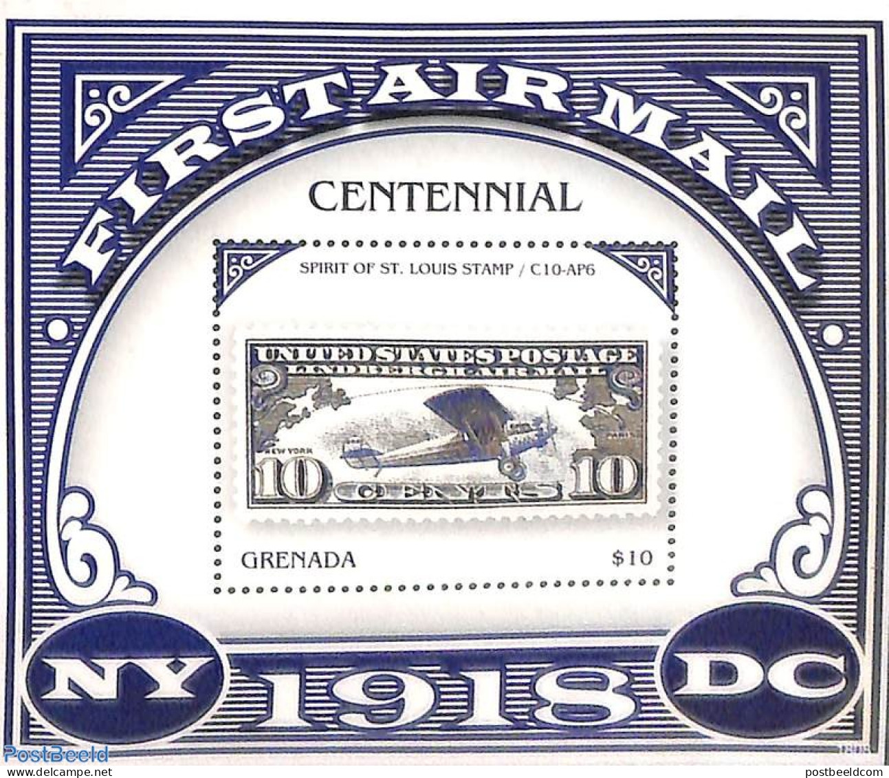 Grenada 2018 Airmail Centenary S/s, Mint NH, Transport - Stamps On Stamps - Aircraft & Aviation - Postzegels Op Postzegels