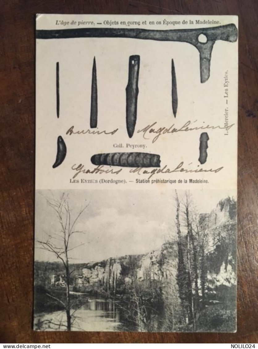 Cpa, 24, Dordogne, Double Vues, LES EYZIES Station Préhistorique De La Madeleine, L'Âge De Pierre, Objets En Corne Et Os - Les Eyzies