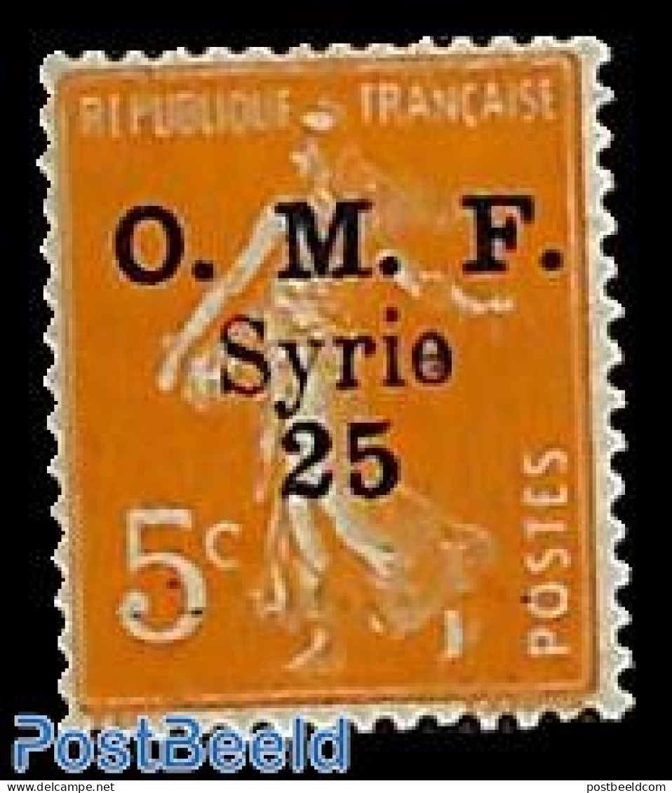 Syria 1922 Overprint 25 Without CENTIEMES, 1v, Unused (hinged), Various - Errors, Misprints, Plate Flaws - Fouten Op Zegels