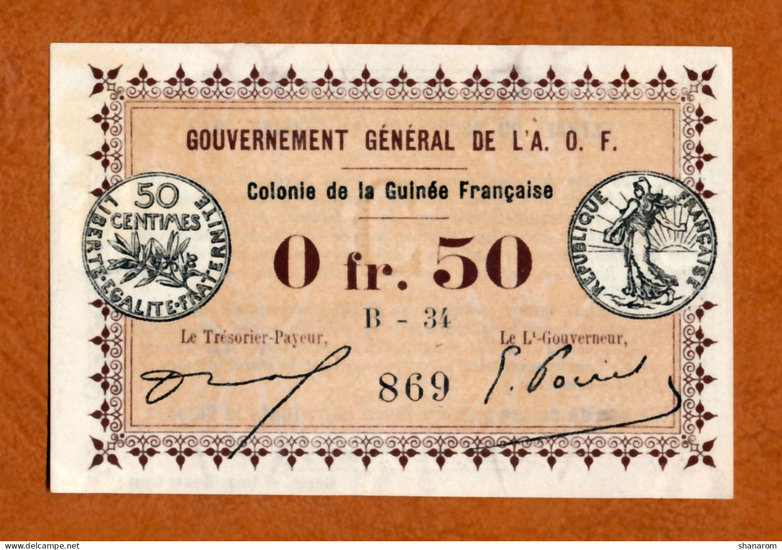 1917 // COLONIE DE LA GUINEE FRANCAISE // A.O.F. // Bon De Cinquante Centimes // Filigrane Abeilles // AU - SPL - Bons & Nécessité