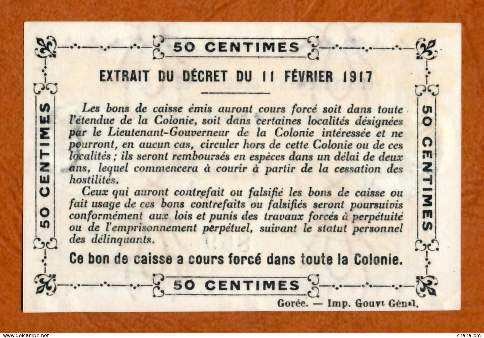 1917 // COLONIE DE LA GUINEE FRANCAISE // A.O.F. // Bon De Cinquante Centimes // Filigrane Abeilles // AU - SPL - Bonos