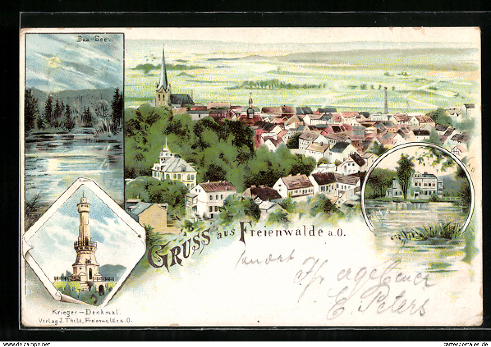 Lithographie Freienwalde A. O., Krieger-Denkmal, Baa-See, Ortsansicht  - Bad Freienwalde