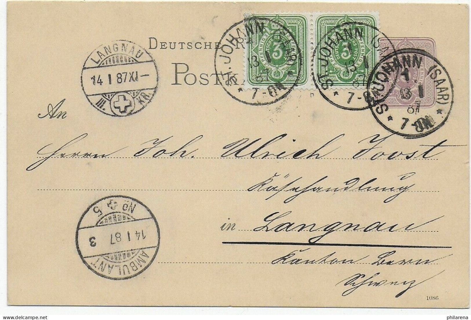 Saar Vorläufer: St. Johann 1887 Mit Zusatzfrankatur In Die Schweiz - Brieven En Documenten