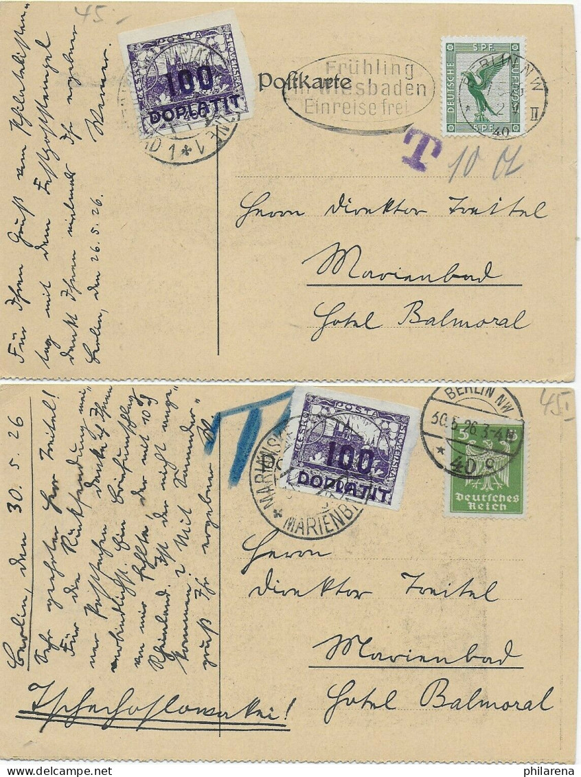 2x Postkarte Berlin 1926 Nach Marienbad, Slovenska, Interessante Rückseite, Taxe - Lettres & Documents