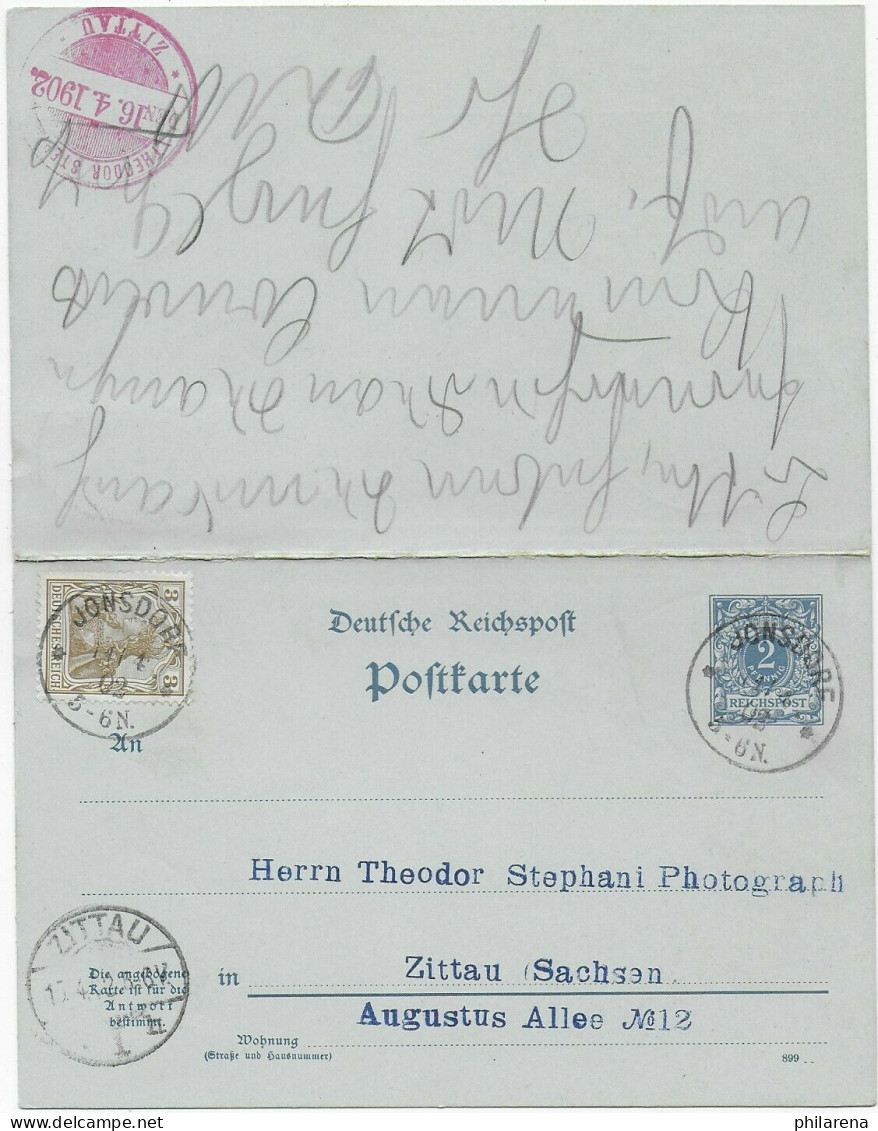 Doppelkarte P4 1I Mit MiNr. 69a, Jonsdorf Nach Zittau, 1900 - Lettres & Documents