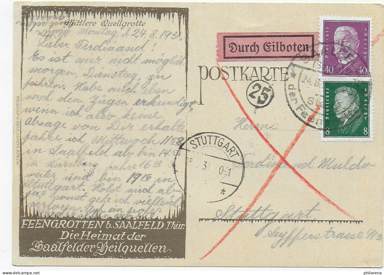 Eilboten Postkarte Saalfeld, Heilquellen, 1931 Nach Stuttgart, Höhle, Grotte - Brieven En Documenten