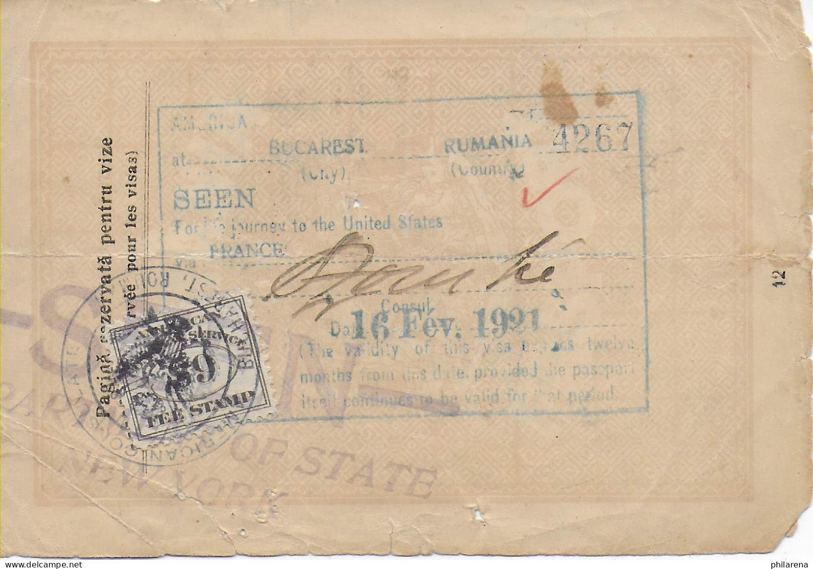 Bukarest: Reisepass über Frankreich Nach USA, 1921 - Other & Unclassified