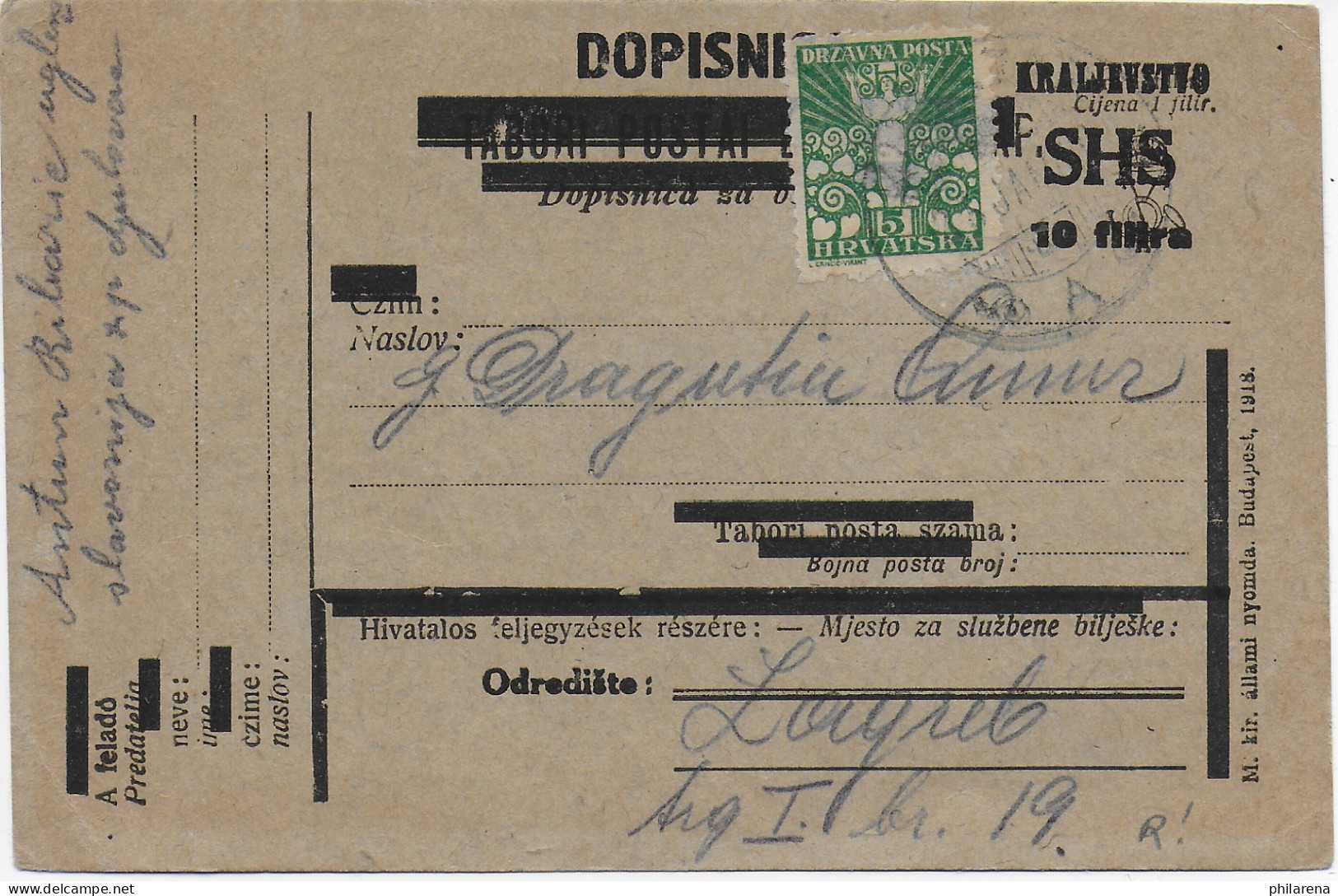 Postkarte Kralievstvo SHS Nach Zagreb 1920 - Croatia