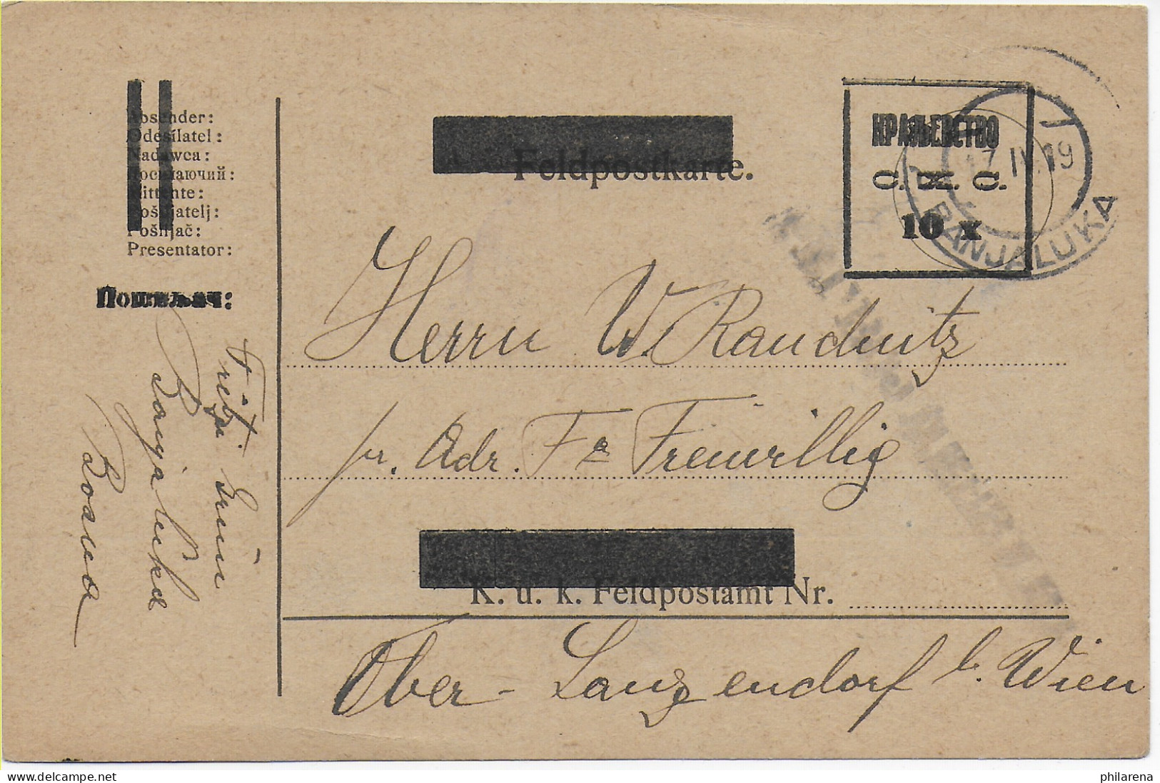 Postkarte Überbalkte Feldpostkarte Von Banja Luka Nach Ober-Langendorf/Wien,1919 - Croatia