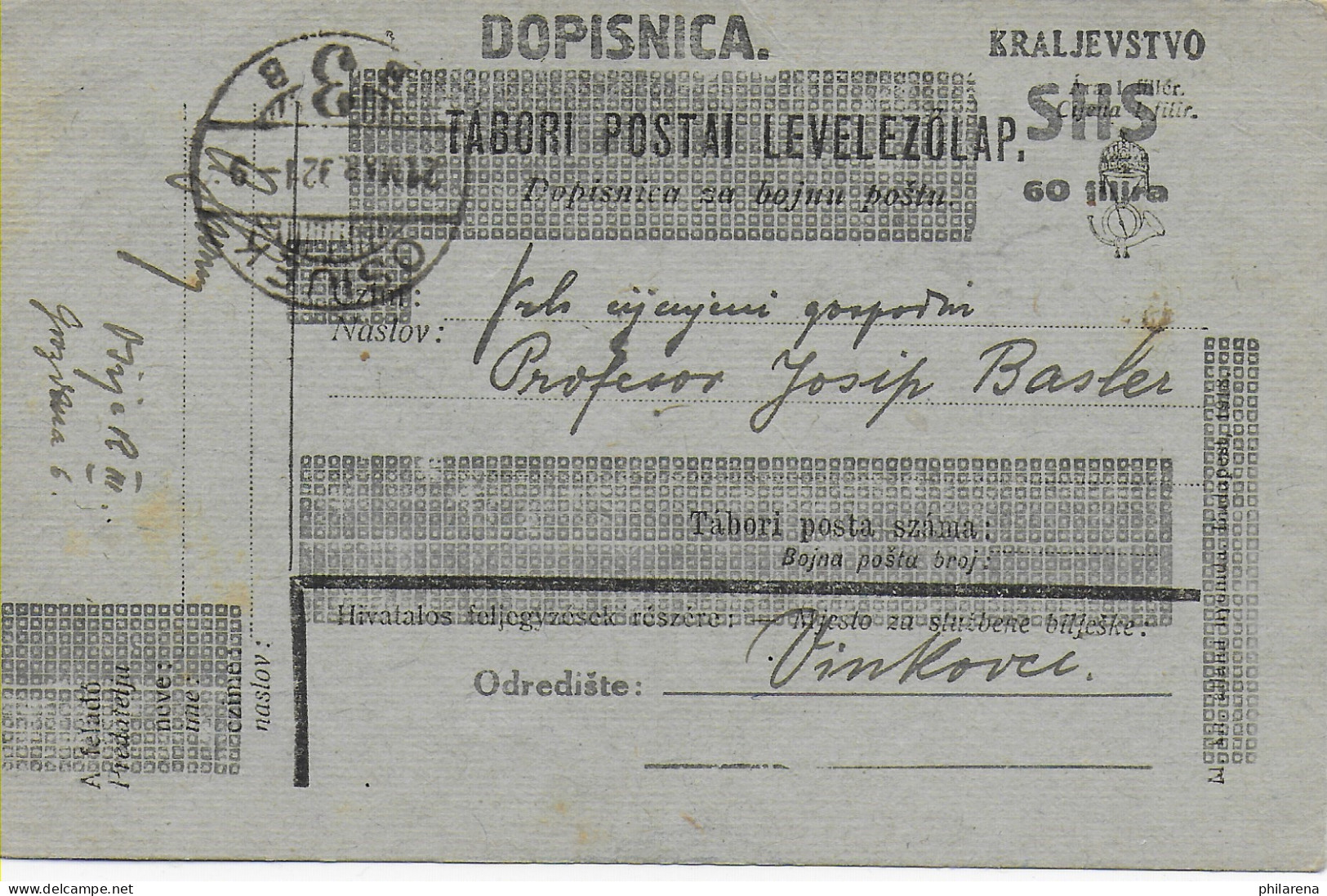 Postkarte Dopisnica Kralievstvo SHS Von Osijek Nach Vinkovci, 1921 - Croacia