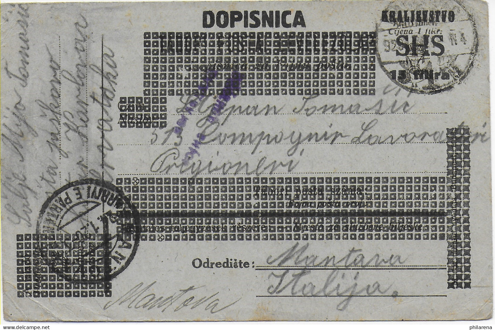 Postkarte Dopisnica Kralievstvo SHS Nach Mantana, Italien 1919 - Croatia