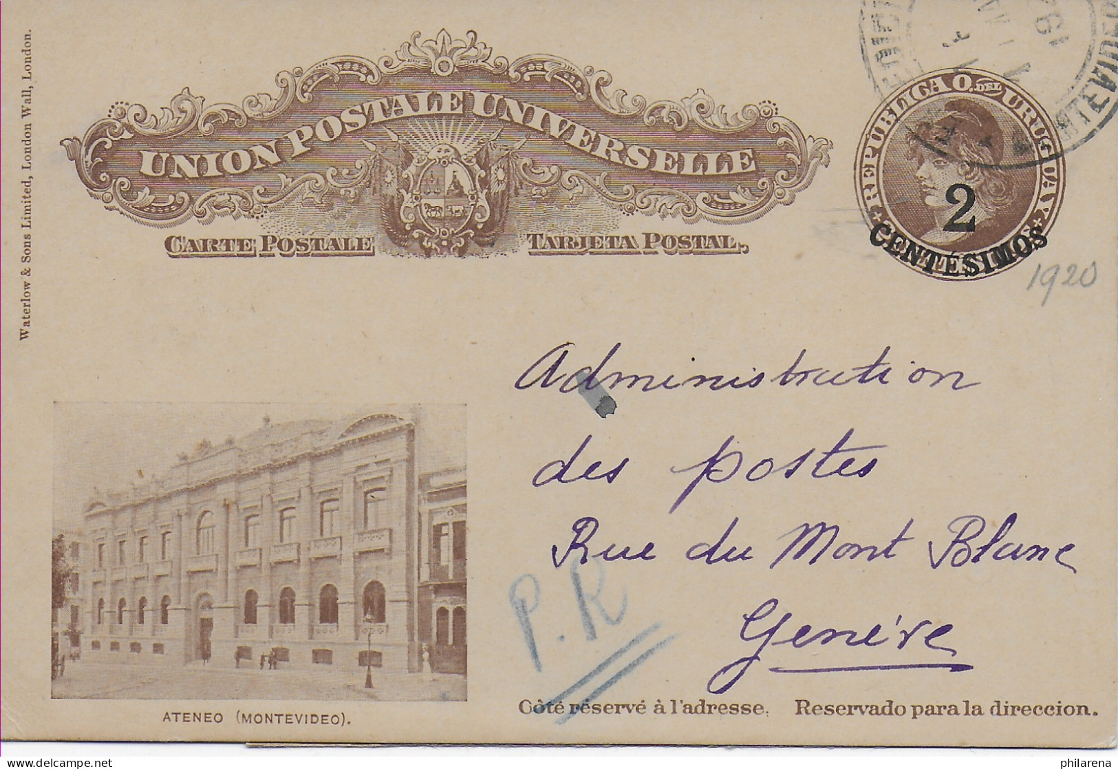 Postkarte Montevideo Nach Genf, 1920 - Uruguay