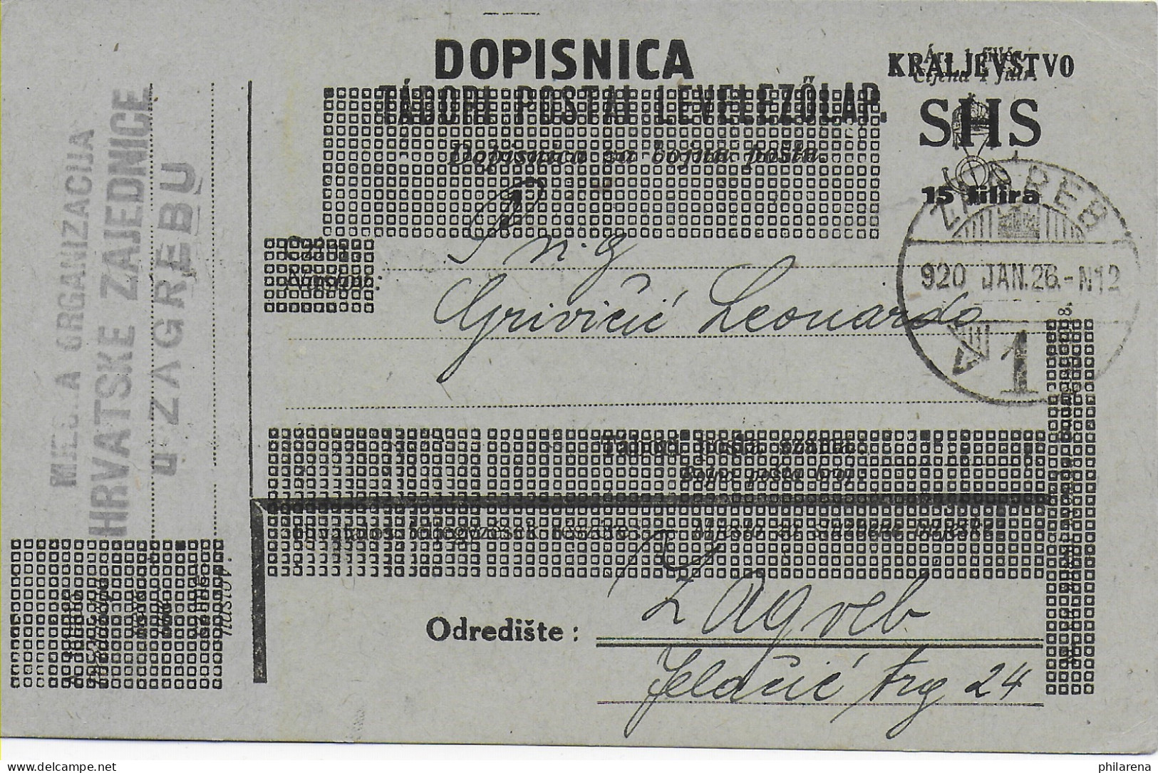 Postkarte Dopisnica Kralievstvo SHS Von Zagreb, 1926 - Croatia