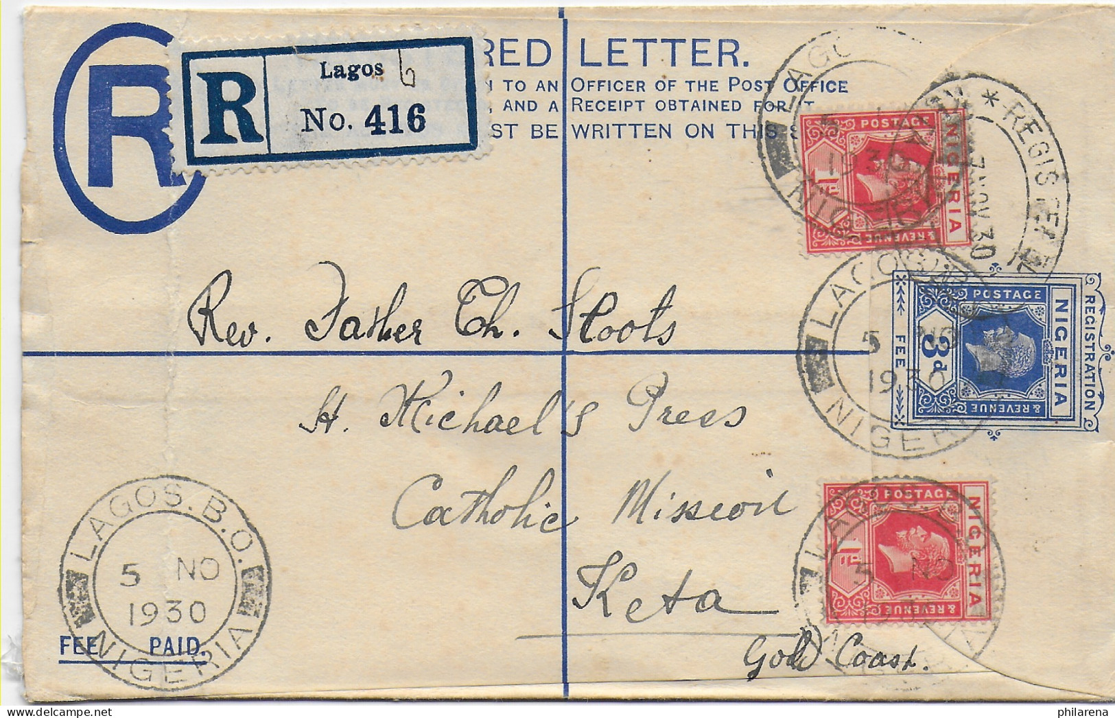 Lagos, Registered 1930 To Keta-Gold Coast, Chatholic Mission - Nigeria (1961-...)