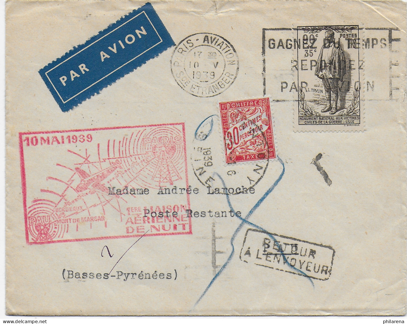 Luftpost Paris Aviation Nach Pau R.P., Zurück, Taxe, 1939 - Sonstige & Ohne Zuordnung