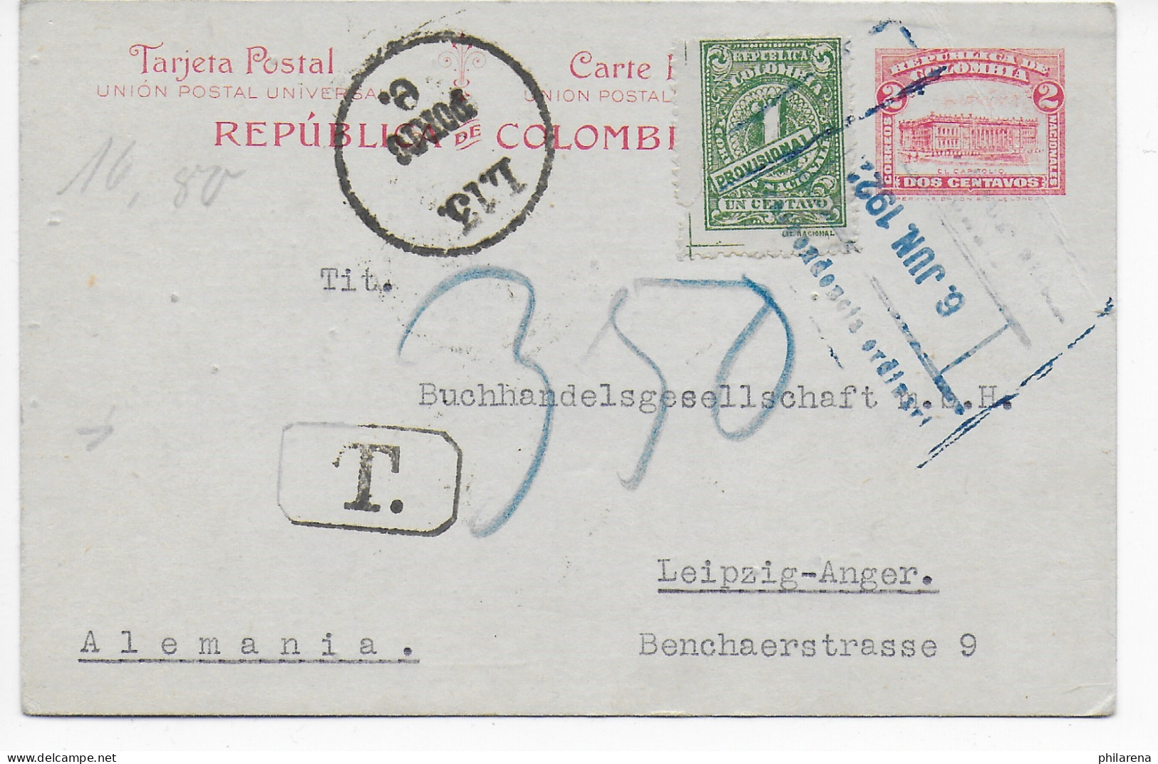 Postkarte Medellin, 1922 Nach Leipzig, Taxe - Colombia
