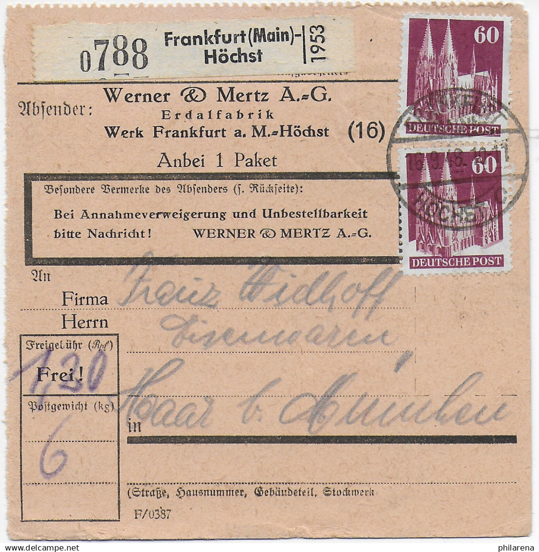 Selbstbucher Paketkarte Frankfurt Höchst Nach Haar, 1948, Erdalfabrik - Storia Postale