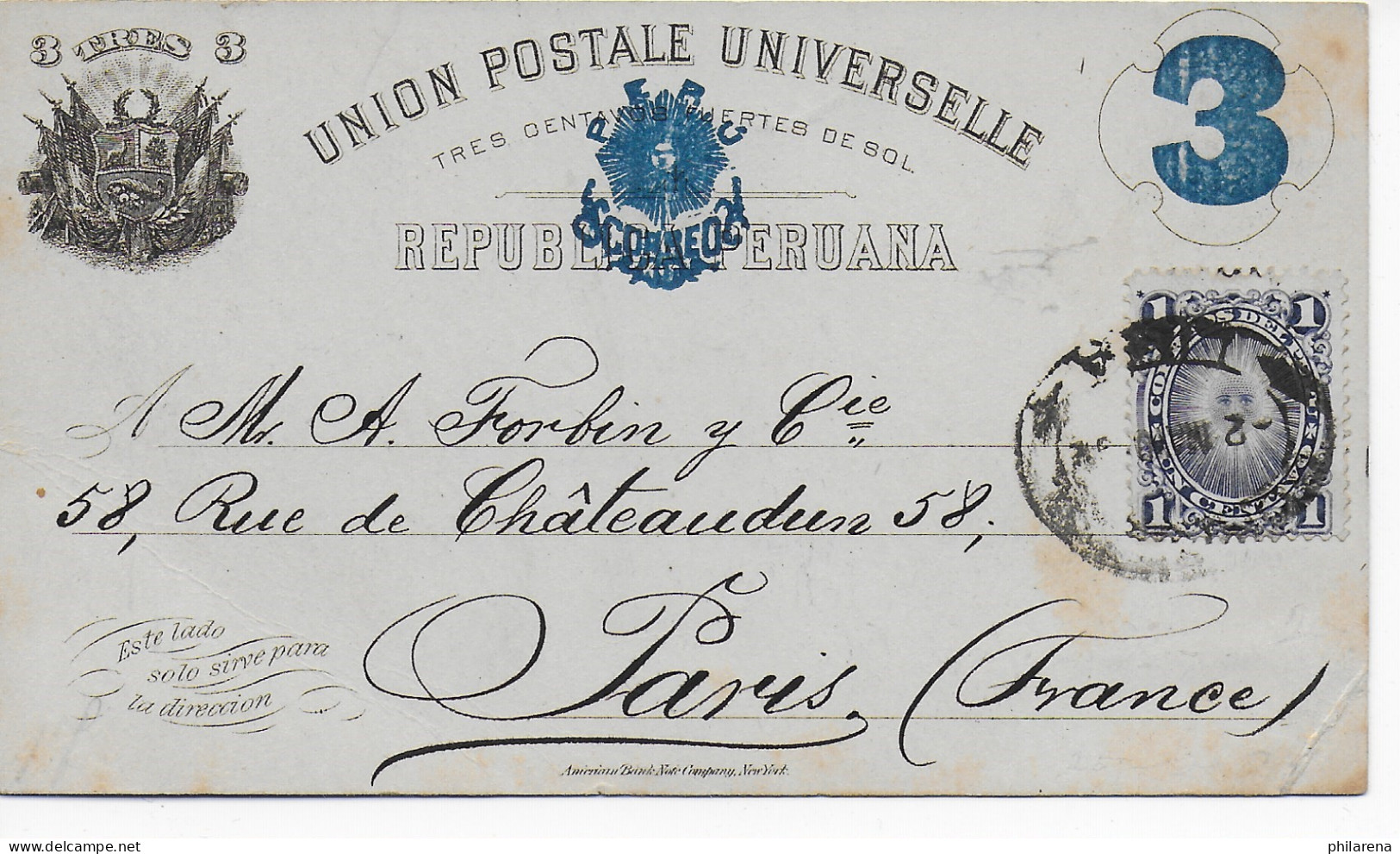 Post Card Lima 1892 To Paris - Perú