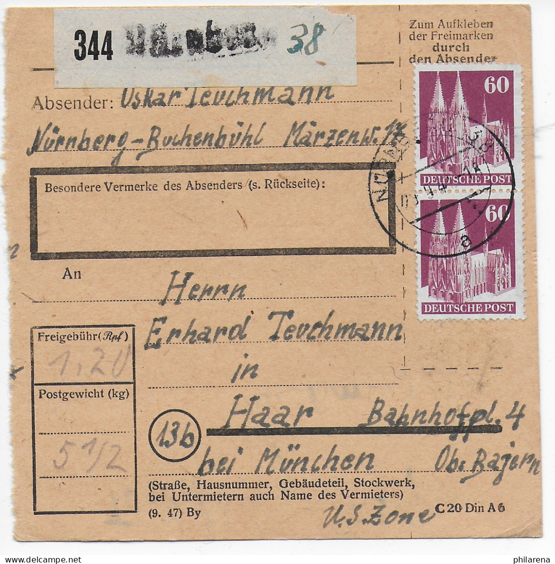 Paketkarte Nürnberg- Buchenbühl Nach Haar 1948 - Brieven En Documenten