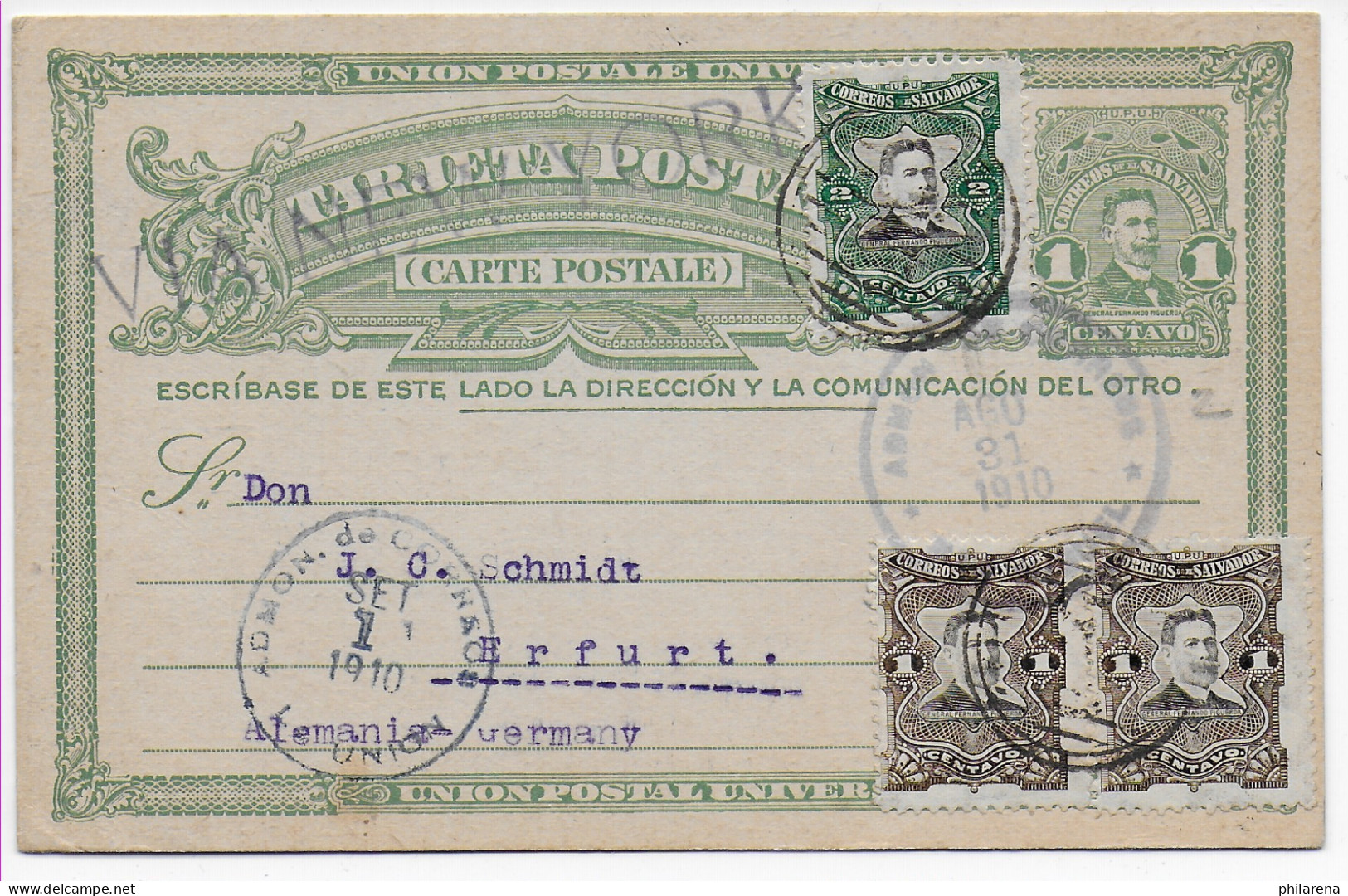 Tarjeta Postal Agosto To Erfurt, 1910 - Salvador