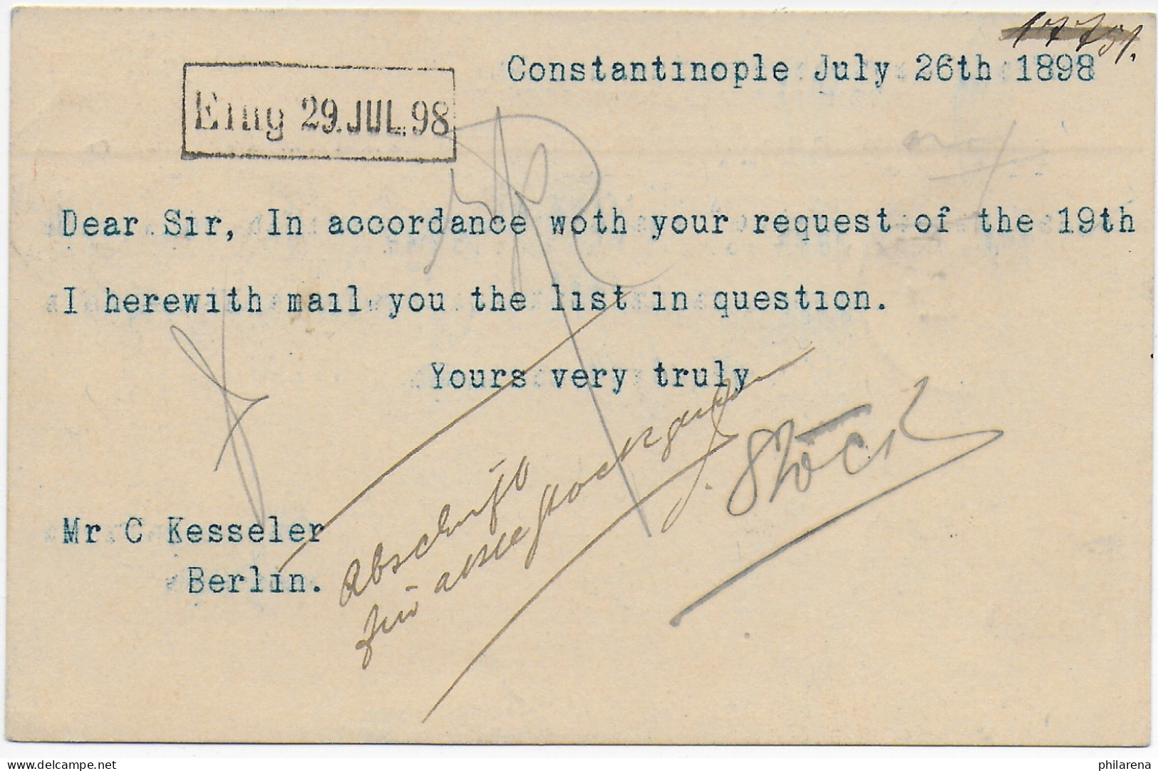 Post Card 1898 Constantinople To Berlin - Other & Unclassified