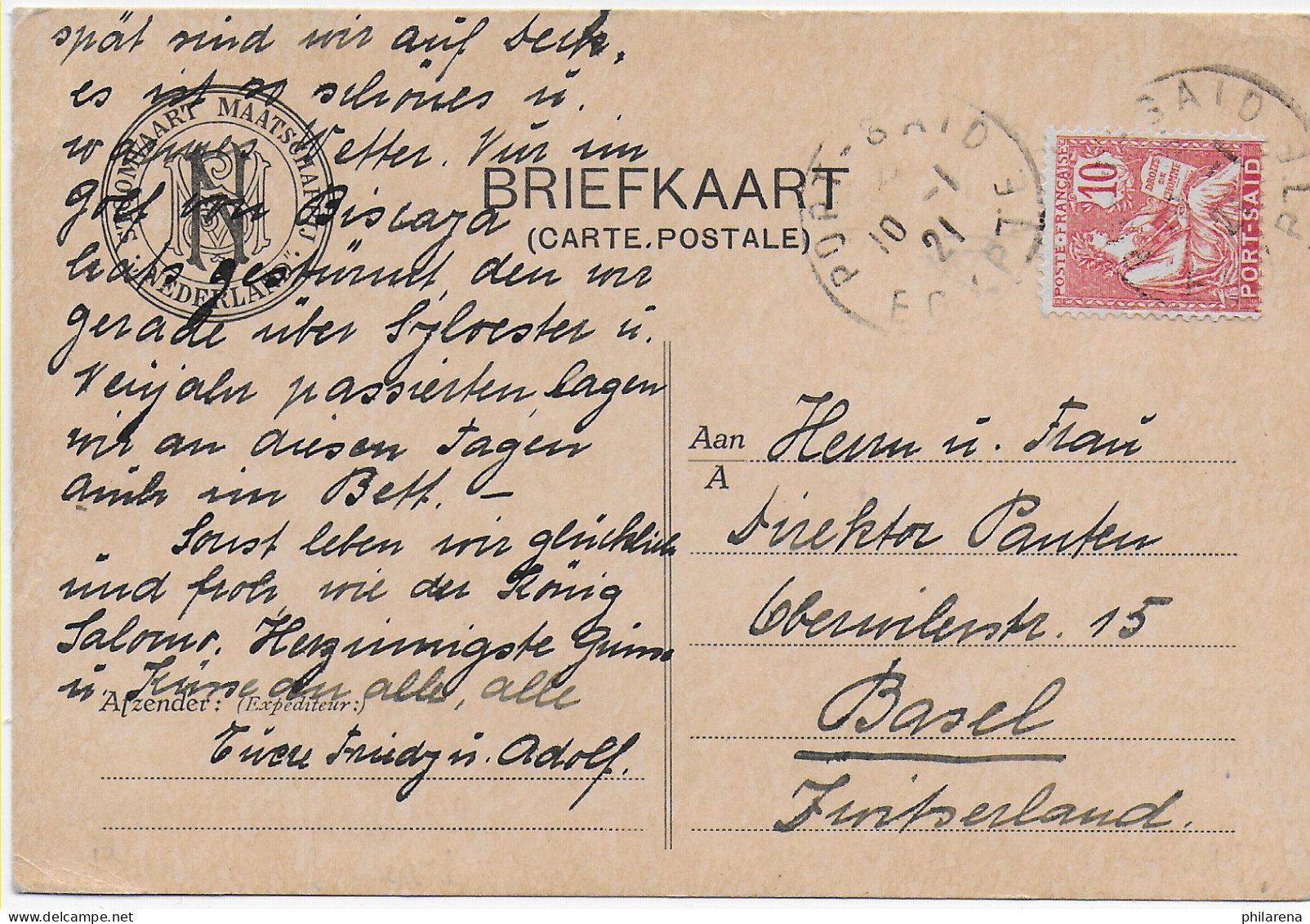 Postkarte Port Said, 1921 Nach Basel, Aus Schiff S.S. Oranje - Autres & Non Classés