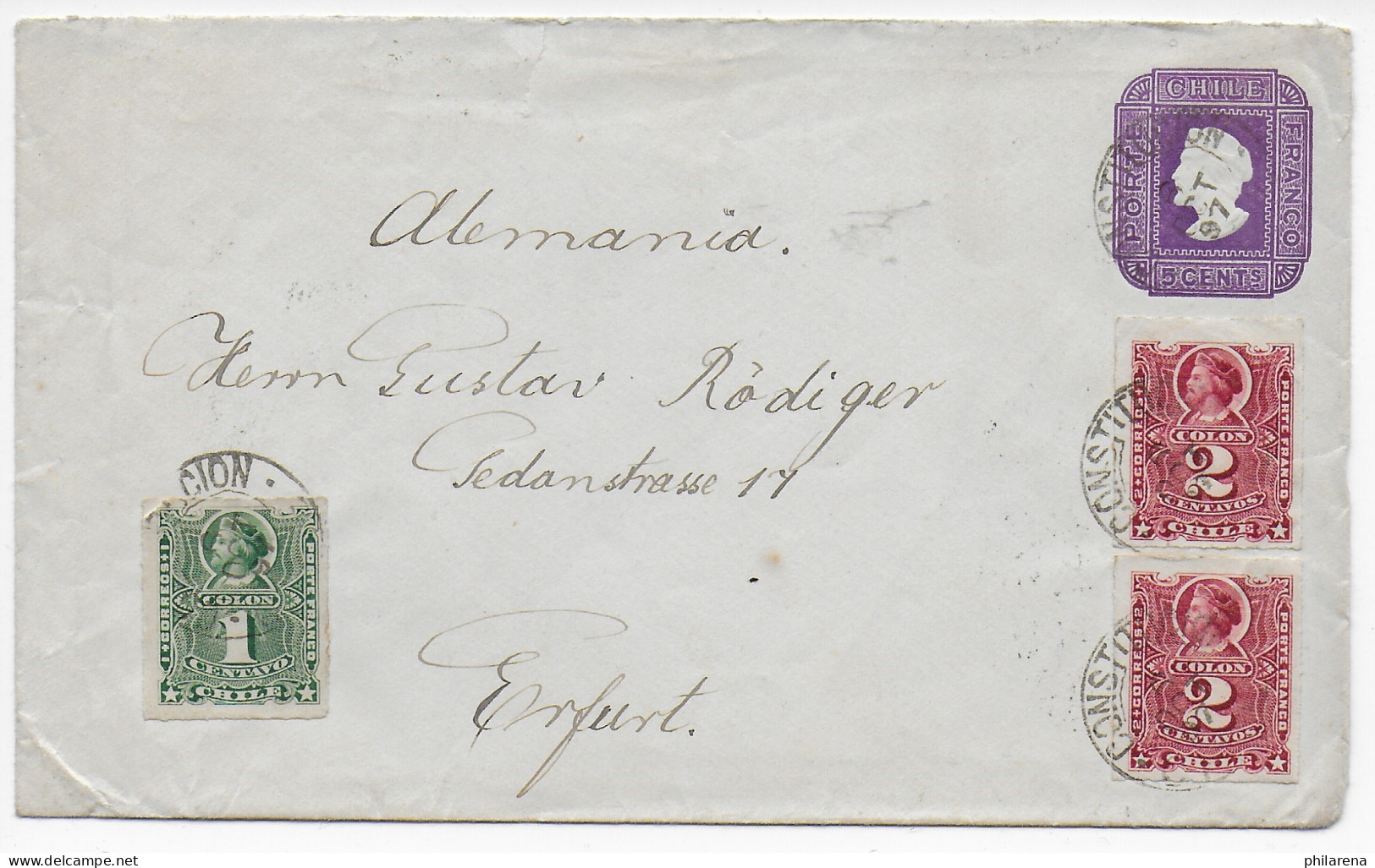 Brief Aus Constitucion Nach Erfurt, 1897, Motiv: Kolumbus - Chile