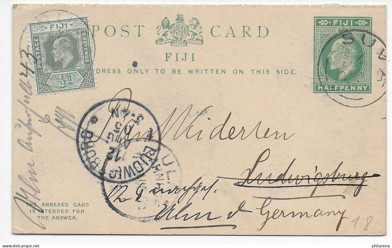 Post Card Fiji Suva 1905 To Ludwigsburg, Forwarded To Ulm With Answer Card - Fiji (1970-...)