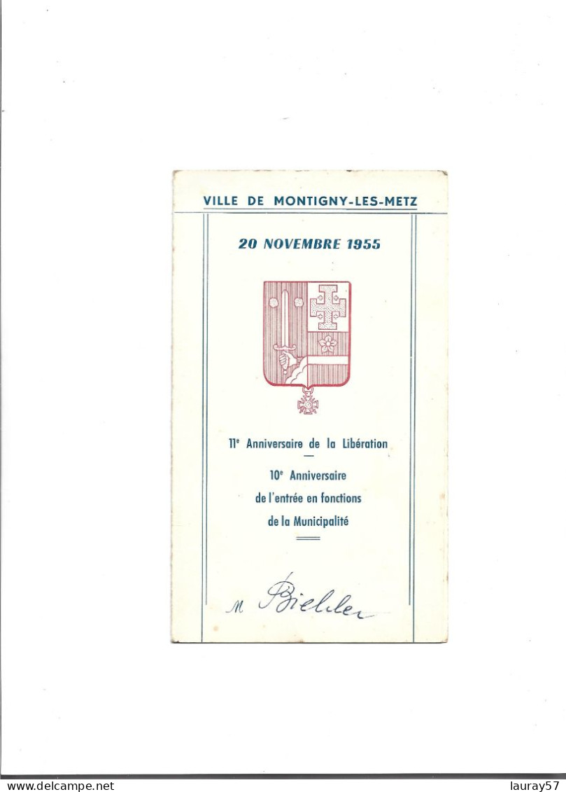 MONTIGNY-LES-METZ  11ª Anniversaire De La Libération 10º Anniversaire De L'entrée En Fonctions De La Municipalité 1955 - Menus