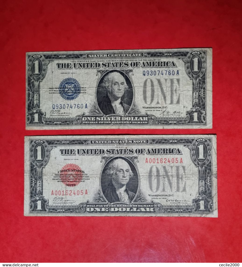 2x 1928 $1 DOLLAR USA UNITED STATES BANKNOTE RED & SEAL LOT /LOTE 2 BILLETES ESTADOS UNIDOS*COMPRAS MULTIPLES CONSULTAR* - Biljetten Van De Verenigde Staten (1928-1953)