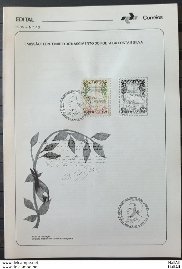 Brochure Brazil Edital 1985 40 Poeta Costa E Silva Literature With CBC DF Brasilia.jpg Stamp - Brieven En Documenten