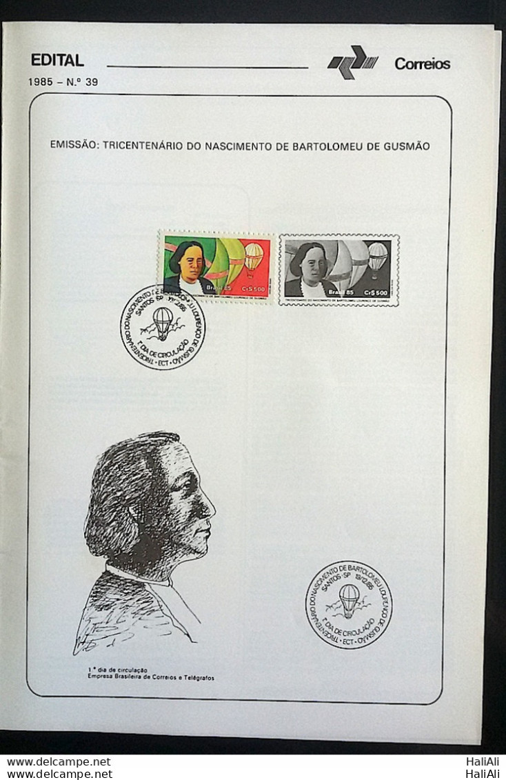 Brochure Brazil Edital 1985 39 Bartolomeu Gusmao Balloon With Stamp Side CBC SP Santos.jpg - Brieven En Documenten