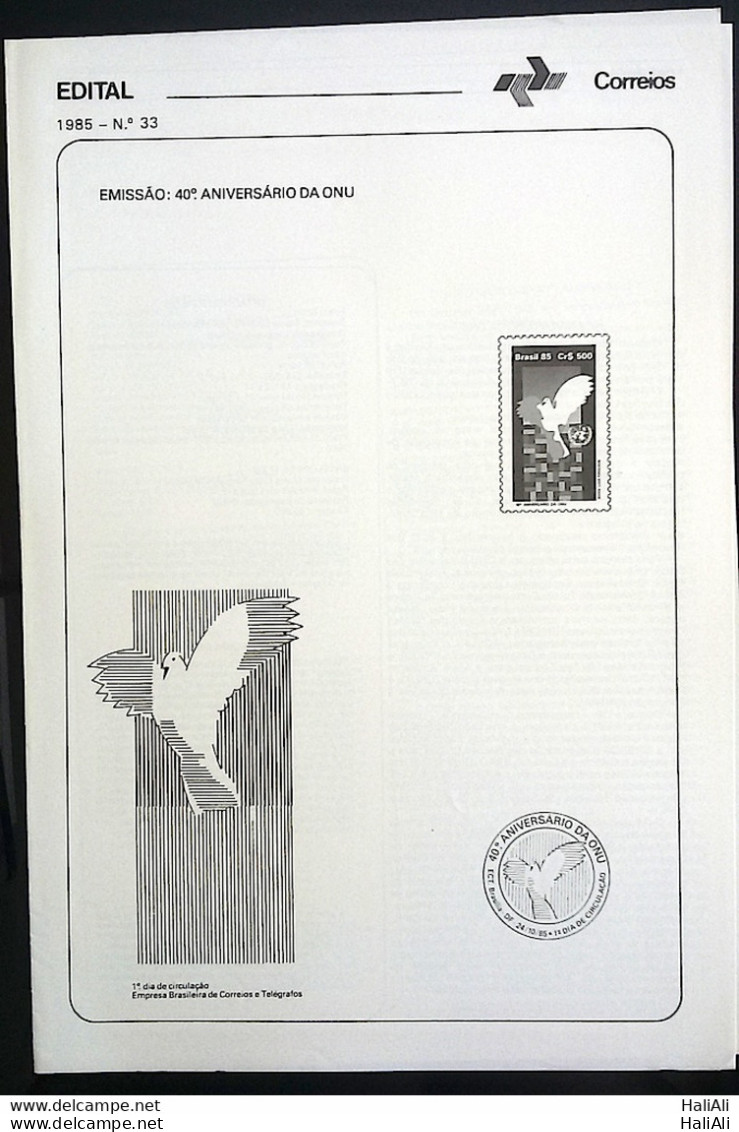 Brochure Brazil Edital 1985 33 UN Without Stamp Birthday - Cartas & Documentos