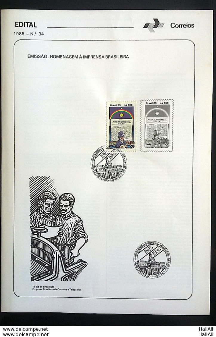 Brochure Brazil Edital 1985 34 Brazilian Press Newspaper With Stamp CBC PE Recife - Storia Postale