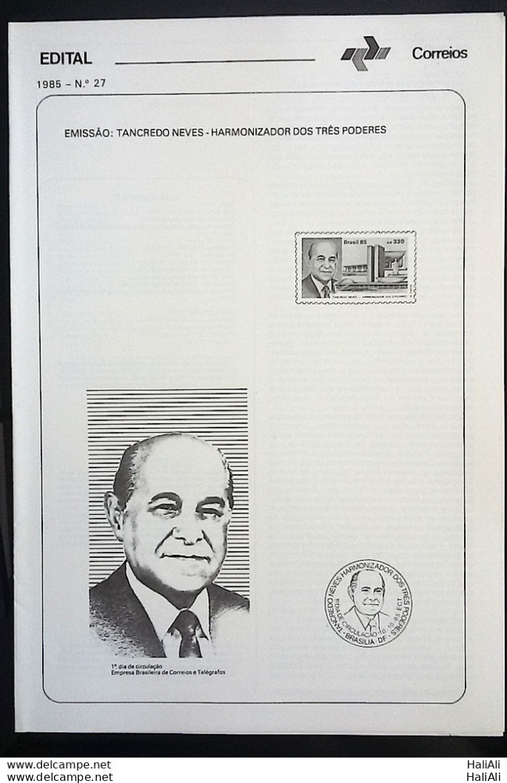 Brochure Brazil Edital 1985 27 President Tancredo Neves Brasilia Without Stamp - Lettres & Documents