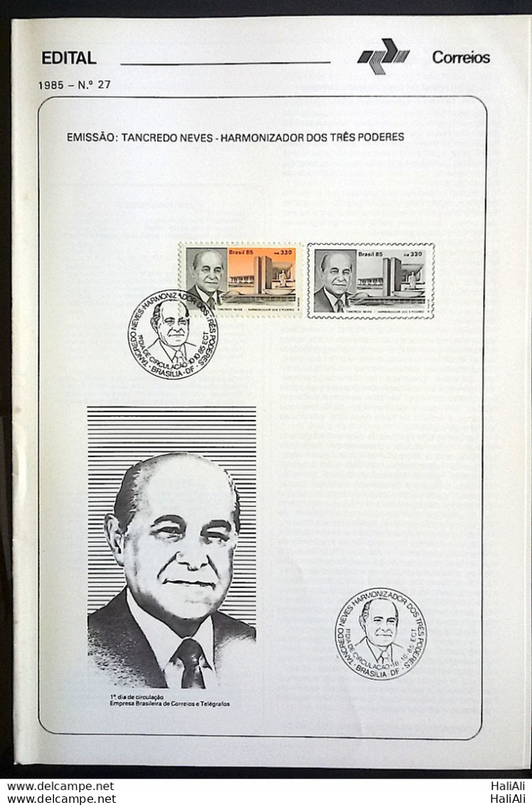 Brochure Brazil Edital 1985 27 President Tancredo Neves Brasilia With Stamp CBC DF Brasilia - Storia Postale