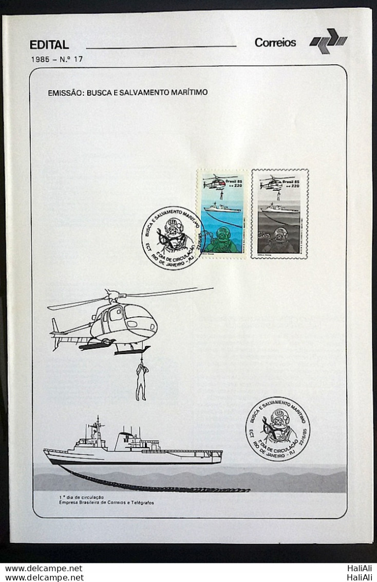 Brochure Brazil Edital 1985 17 Maritime Saving Helicopter Diver With Stamp CBC RJ - Covers & Documents