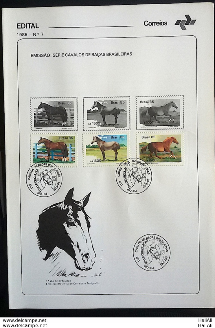 Brochure Brazil Edital 1985 07 Horses Of Races With Stamp CBC RJ - Lettres & Documents