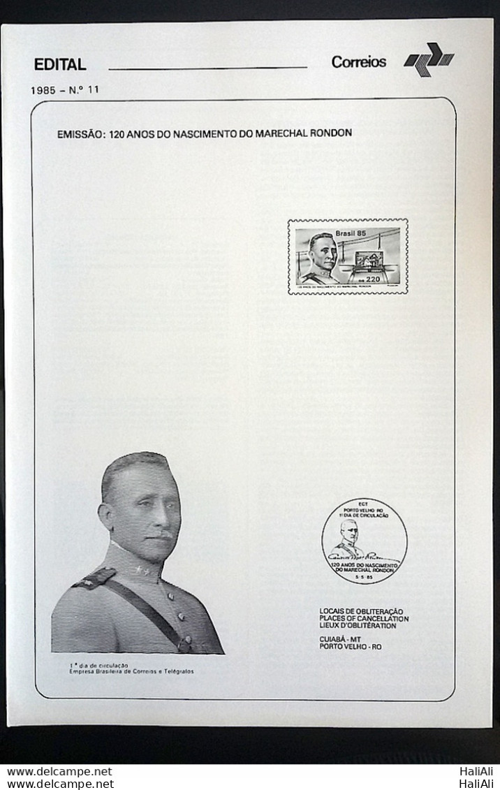 Brochure Brazil Edital 1985 11 Marshal Rondon Military Communication Without Stamp - Briefe U. Dokumente