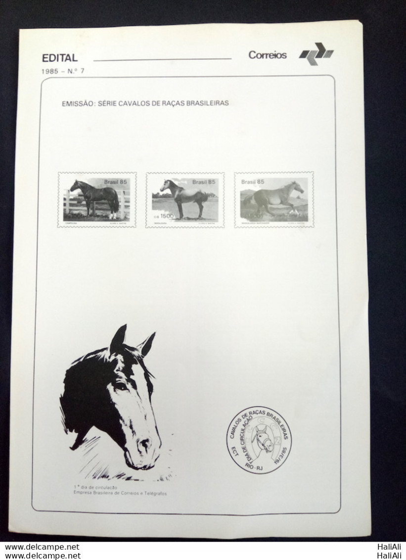 Brochure Brazil Edital 1985 07 Horses Of Races Without Stamp - Storia Postale